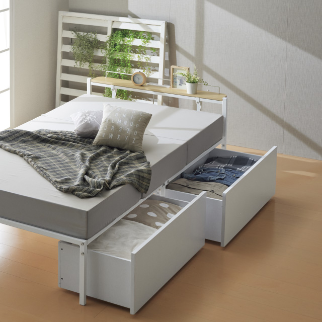 宮棚＆コンセント付ベッド引出付き ホワイト SLB-301(WH)、SLH-311(WH)