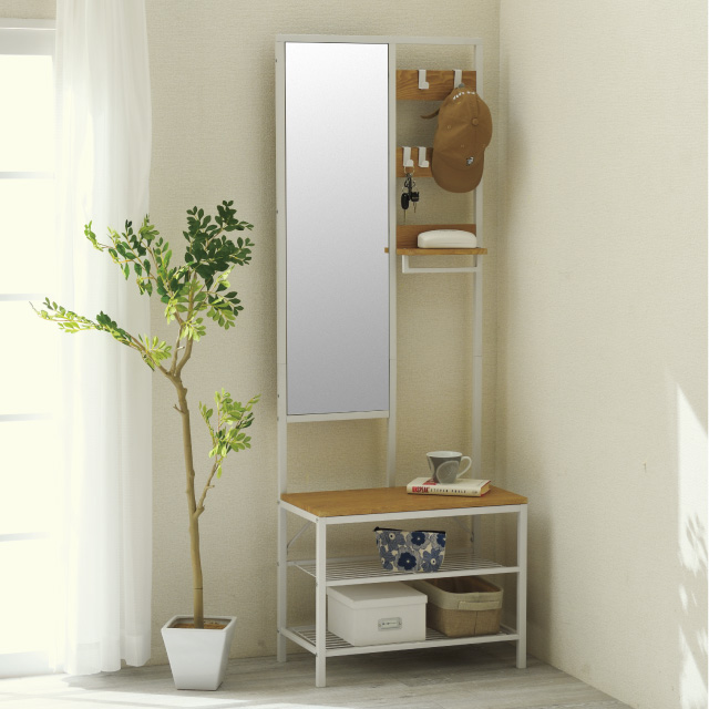 多機能ハンガーラックミラー付 ダークブラウン 