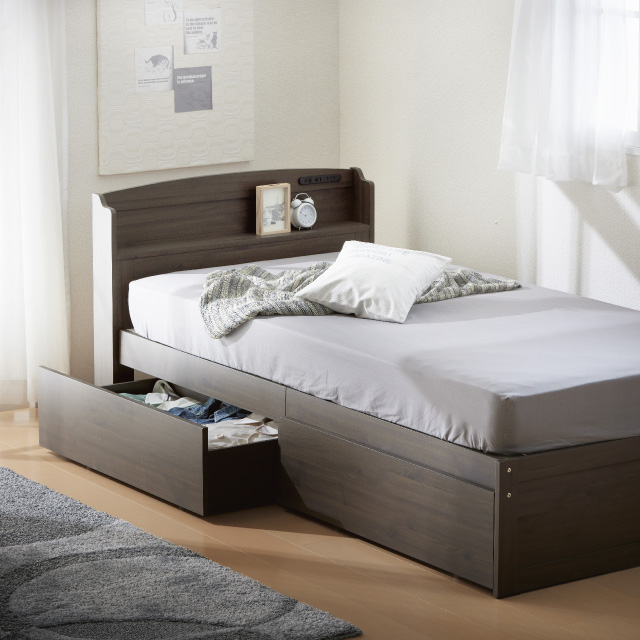 木製すのこベッド宮付引出付き ダークブラウン SLB-101(DBR)、SLH-111(DBR)