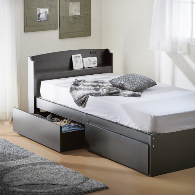 木製すのこベッド宮付引出付き ブラック SLB-101(BK)、SLH-111(BK)